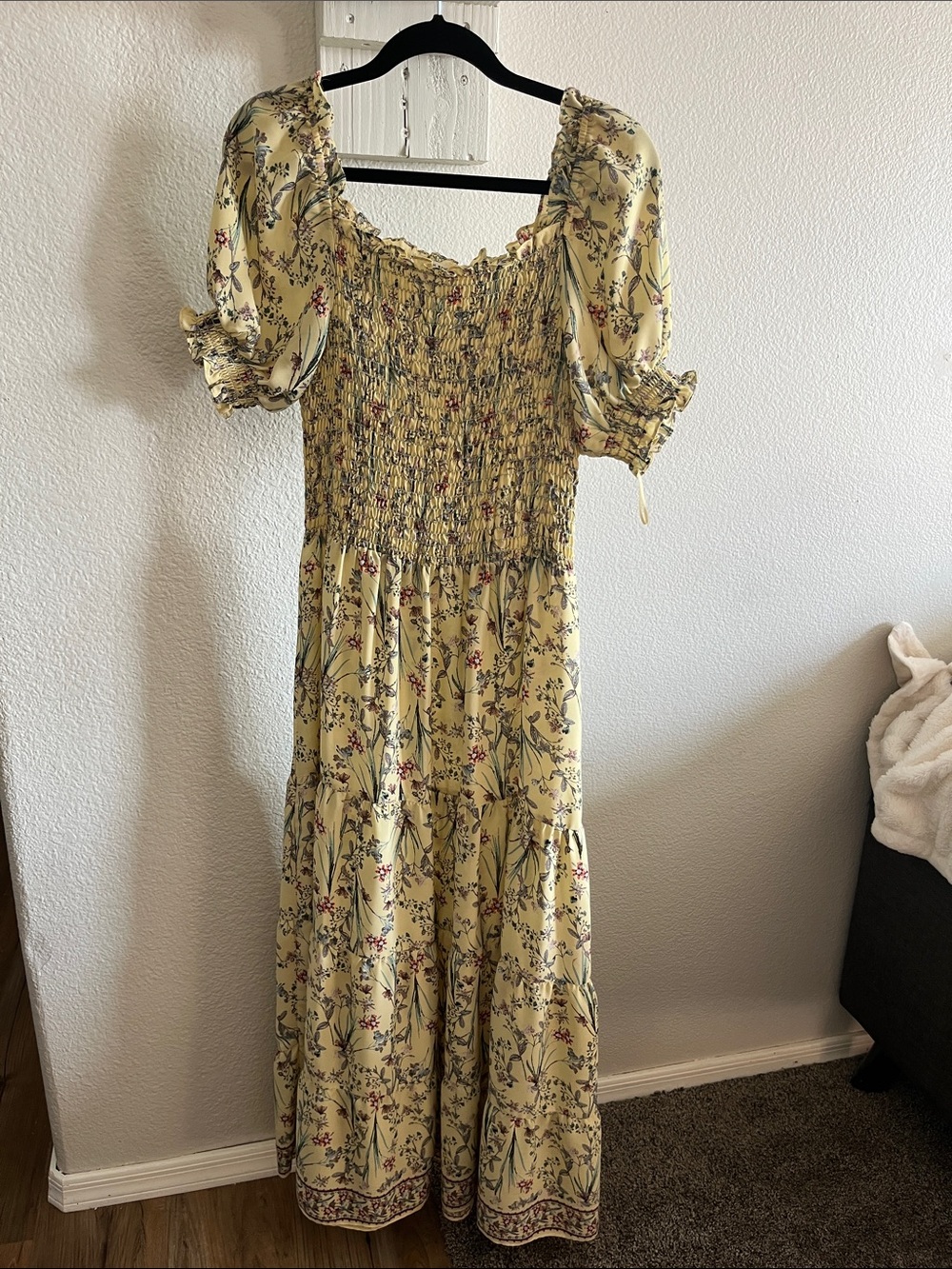 Max Studio Smocked Flutter-Sleeve Maxi Dress in Yellow Floral